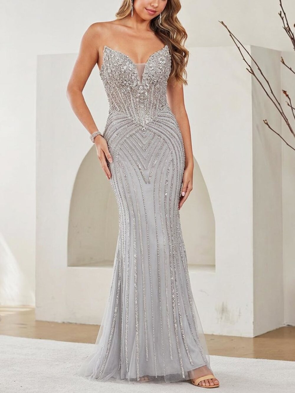 NEW LONG FORMAL DRESS. SILVER,NAVY BLUE, GOLD, STRAPLESS FITTED BEADED CORSET